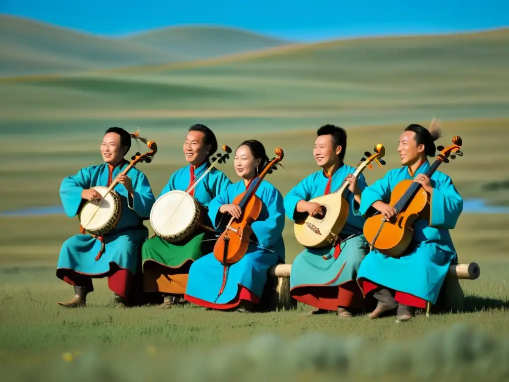 Grupo de músicos mongoles tocando instrumentos tradicionales en la vasta estepa, con expresiones llenas de pasión