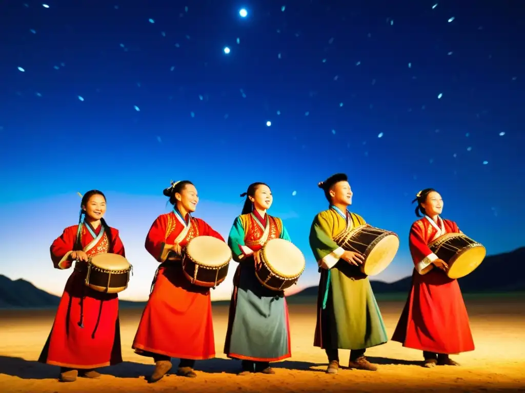 Grupo de músicos mongoles tocando instrumentos tradicionales bajo un cielo estrellado en un festival, mostrando la rica cultura mongol y la música