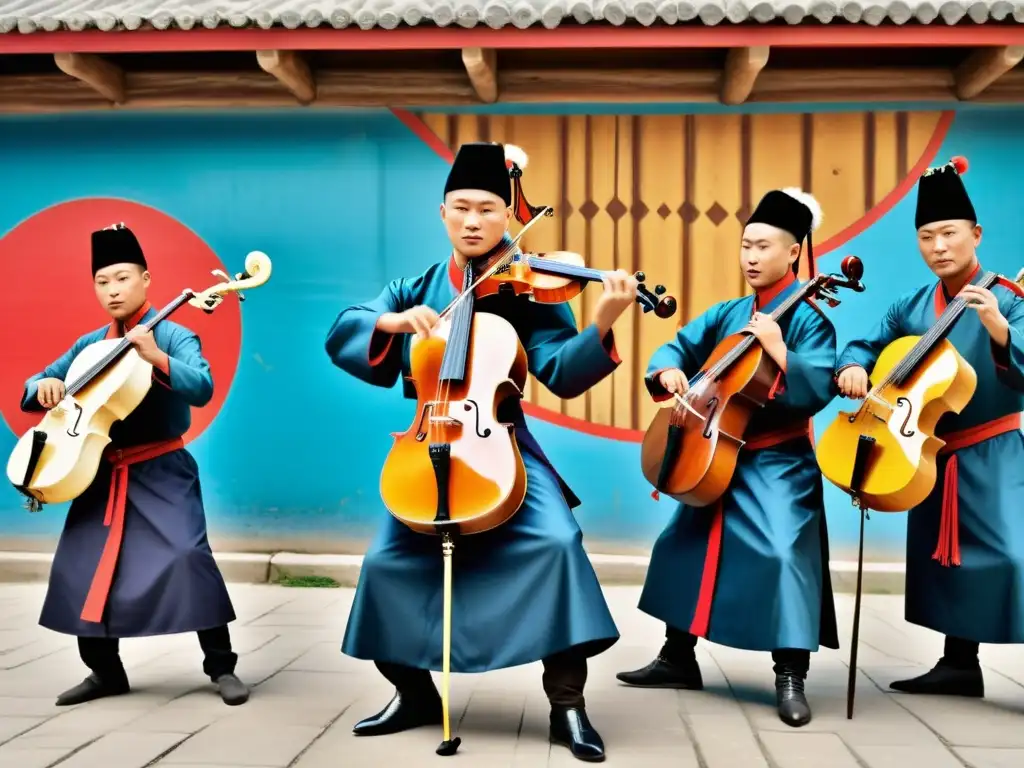 Grupo de músicos mongoles tocando el Morin Khuur en un entorno urbano con grafitis y bailarines de hip hop