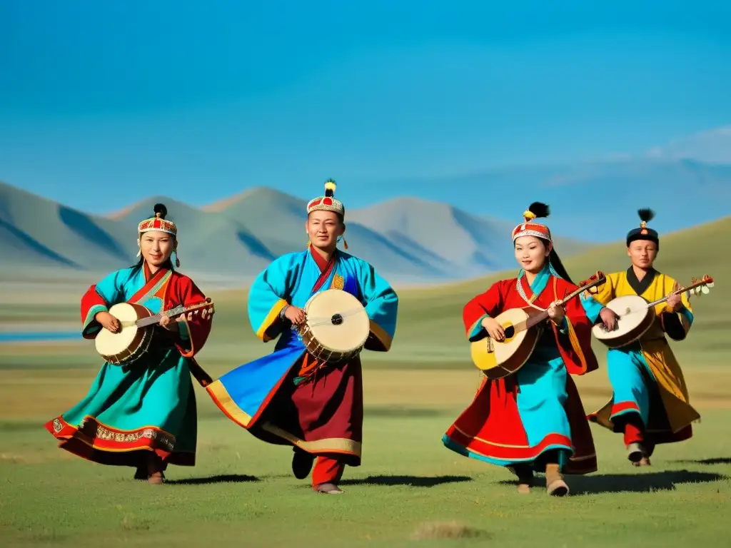 Un grupo de músicos mongoles en trajes tradicionales danzan y tocan música en la vasta estepa mongola, preservando la música y danza mongola siglos