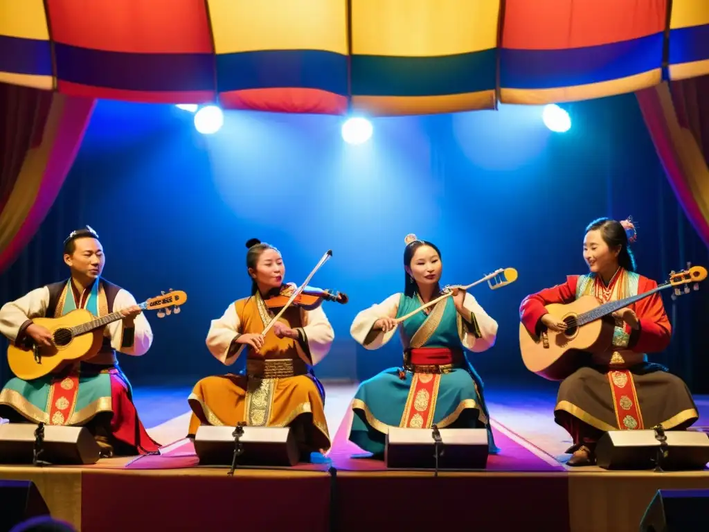 Grupo de músicos mongoles en trajes tradicionales, tocando instrumentos antiguos