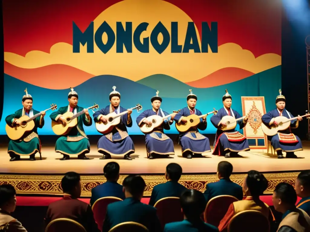 Un grupo de músicos mongoles vistiendo trajes tradicionales, tocando instrumentos tradicionales en un escenario frente a una gran audiencia