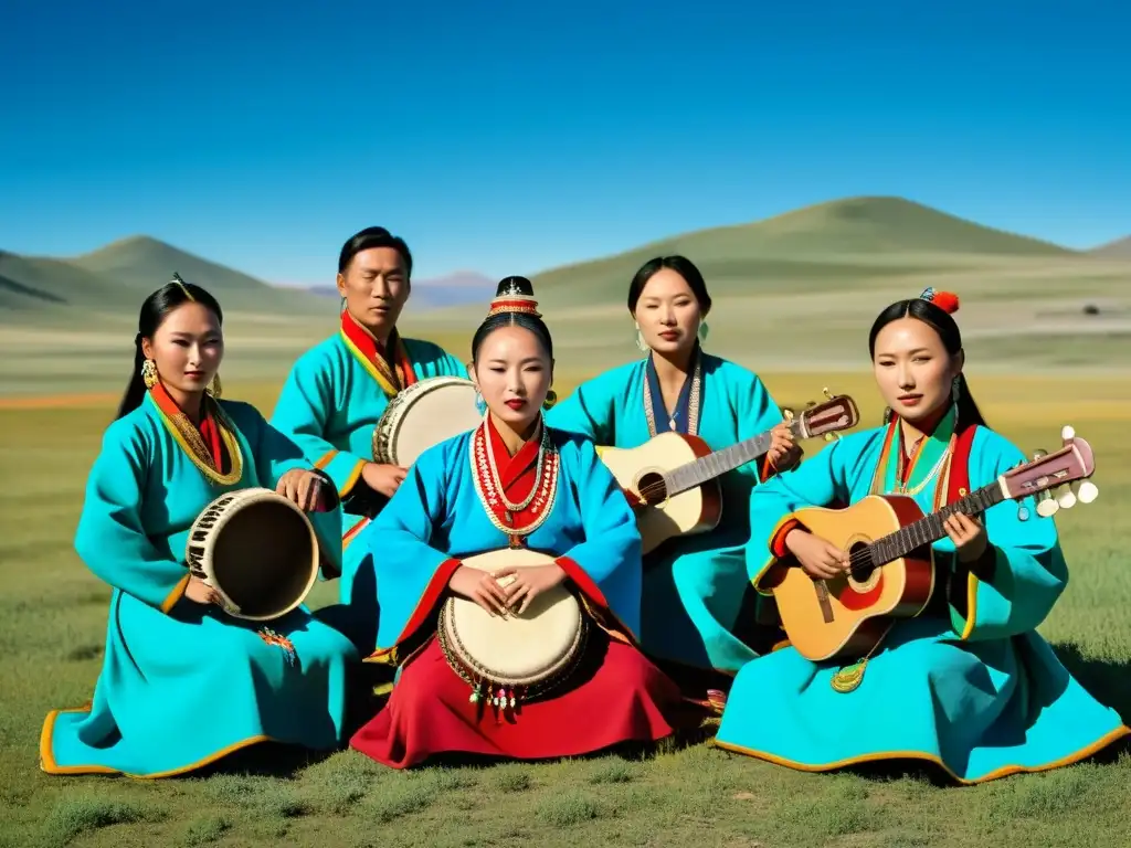 Grupo de músicos mongoles en trajes tradicionales, interpretando influencias de la música mongola en la vasta estepa