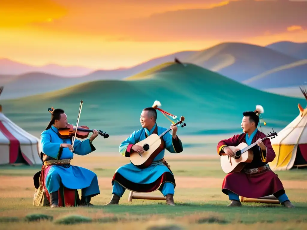 Grupo de músicos mongoles con trajes tradicionales tocando el morin khuur y cantando en la estepa mongola, durante un festival