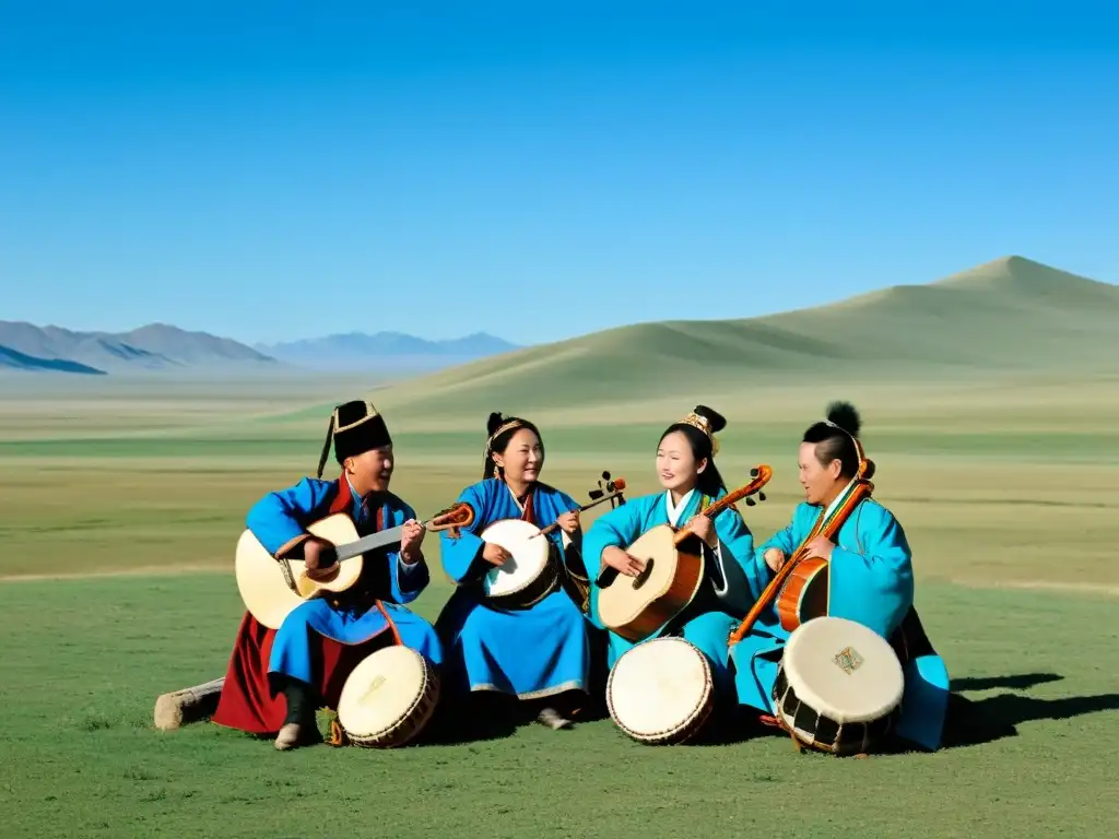 Un grupo de músicos mongoles vestidos con trajes tradicionales, tocando instrumentos como el morin khuur y el yatga en las vastas estepas de Mongolia