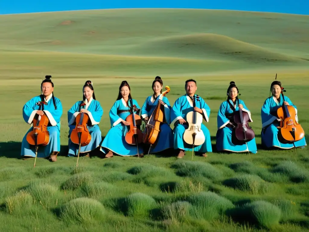 Grupo de músicos mongoles vestidos con trajes tradicionales cantando cantos largos tradicionales Mongolia en las vastas praderas bajo el cielo azul