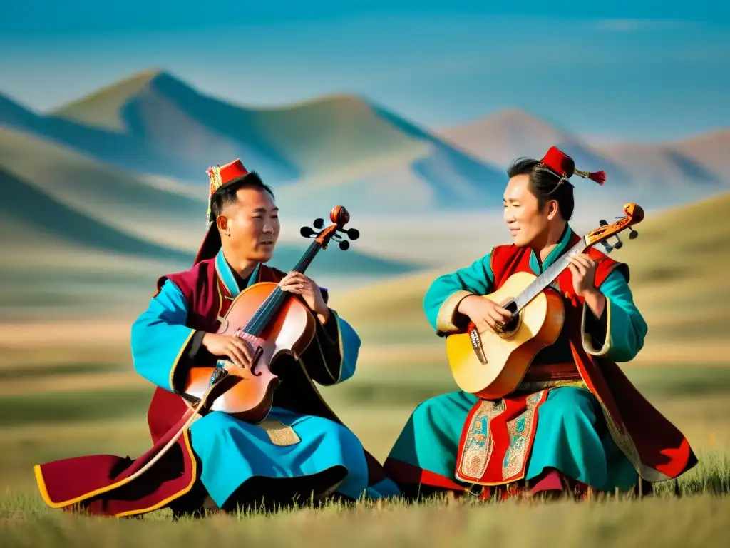 Un grupo de músicos mongoles toca el Morin Khuur bajo el cielo abierto de las estepas, irradiando orgullo cultural y destreza musical