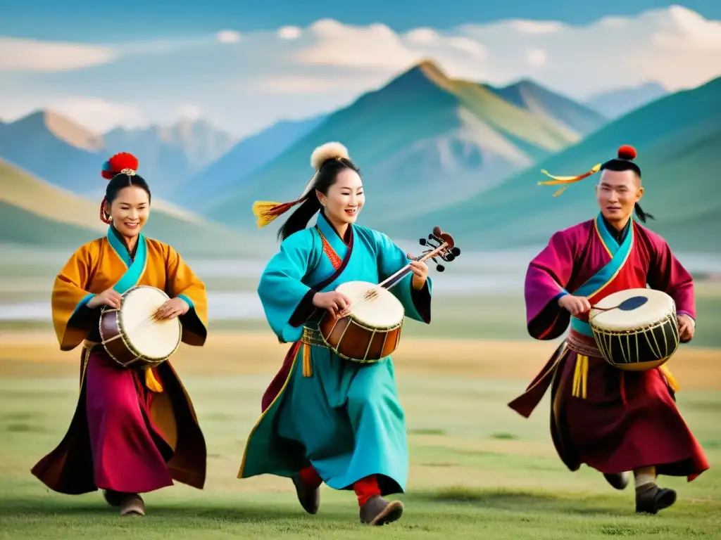 Grupo de músicos mongolas preservando música y danza tradicional en el siglo, con vestimenta colorida y montañas impresionantes de fondo