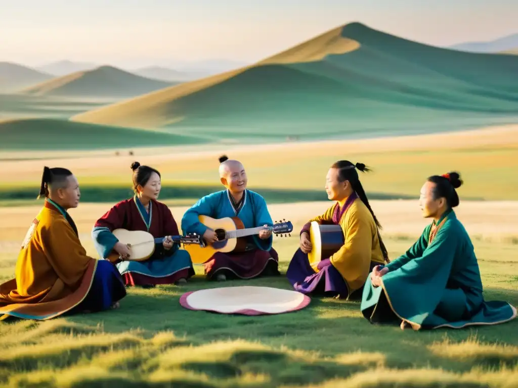 Un grupo de músicos y poetas mongoles se reúnen bajo el vasto cielo abierto de las estepas, rodeados de colinas ondulantes y caballos pastando