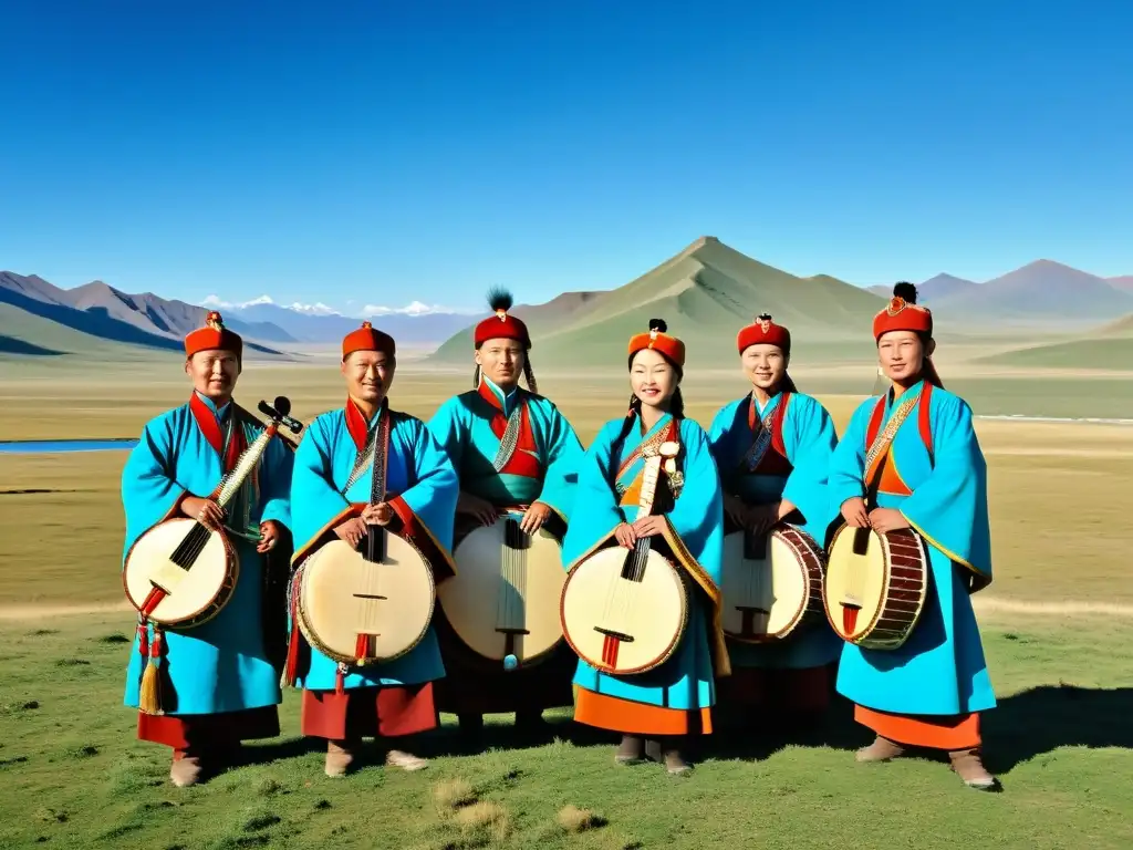 Un grupo de músicos tradicionales de Mongolia vistiendo coloridos trajes, tocando instrumentos como el morin khuur y el yatga en la estepa mongola