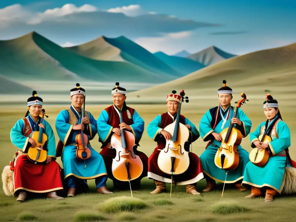 Grupo de músicos tradicionales de Mongolia tocando instrumentos musicales bajo el cielo abierto en la estepa mongol