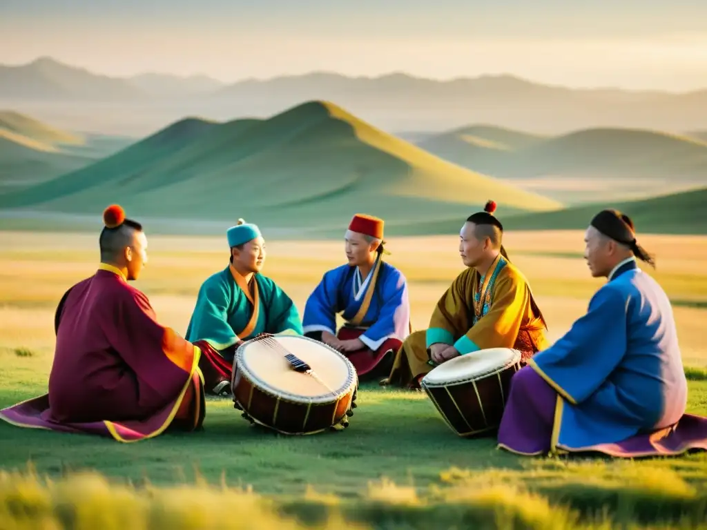 Grupo de músicos tradicionales mongoles tocando instrumentos en la pradera, preservando la música tradicional mongola y su idioma