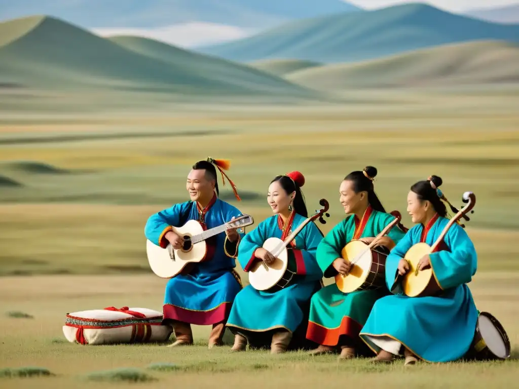 Grupo de músicos tradicionales mongoles interpretando música en las vastas estepas, resaltando la preservación de la música tradicional mongola