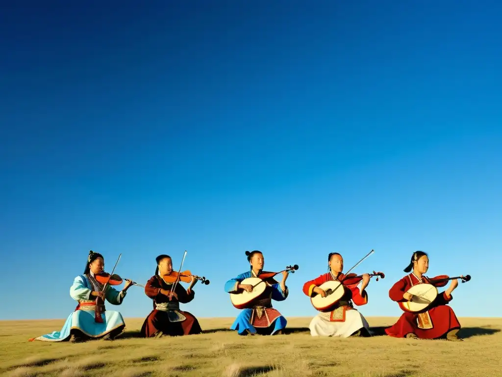 Un grupo de músicos tradicionales mongoles interpreta en la estepa bajo el cielo azul