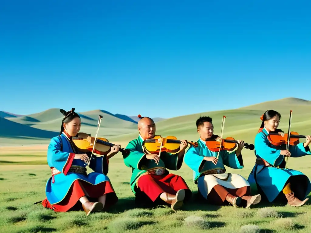 Un grupo de músicos tradicionales mongoles toca instrumentos como el morin khuur y la yatga en las vastas praderas de Mongolia