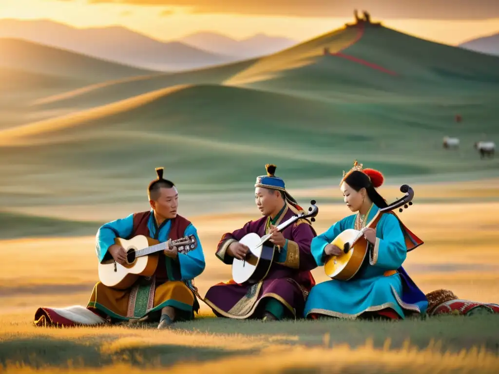 Grupo de músicos tradicionales mongoles tocando en la estepa al atardecer, con influencia música mongola en historia