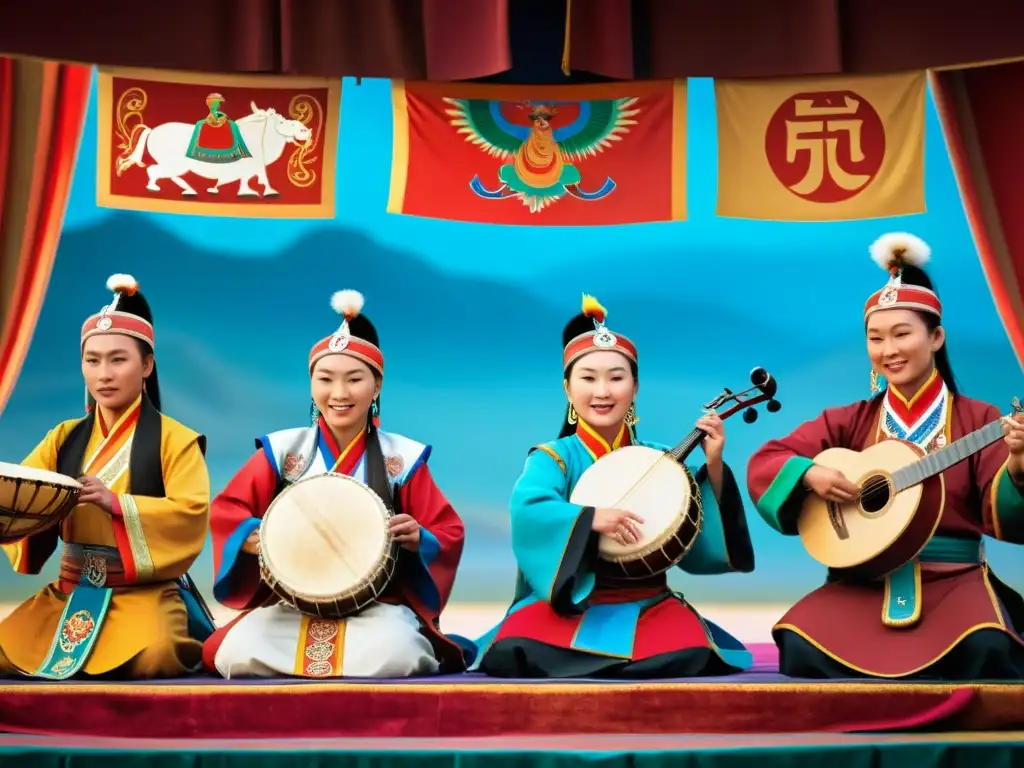 Grupo de músicos tradicionales mongoles actuando en un escenario, con trajes vibrantes e instrumentos tradicionales