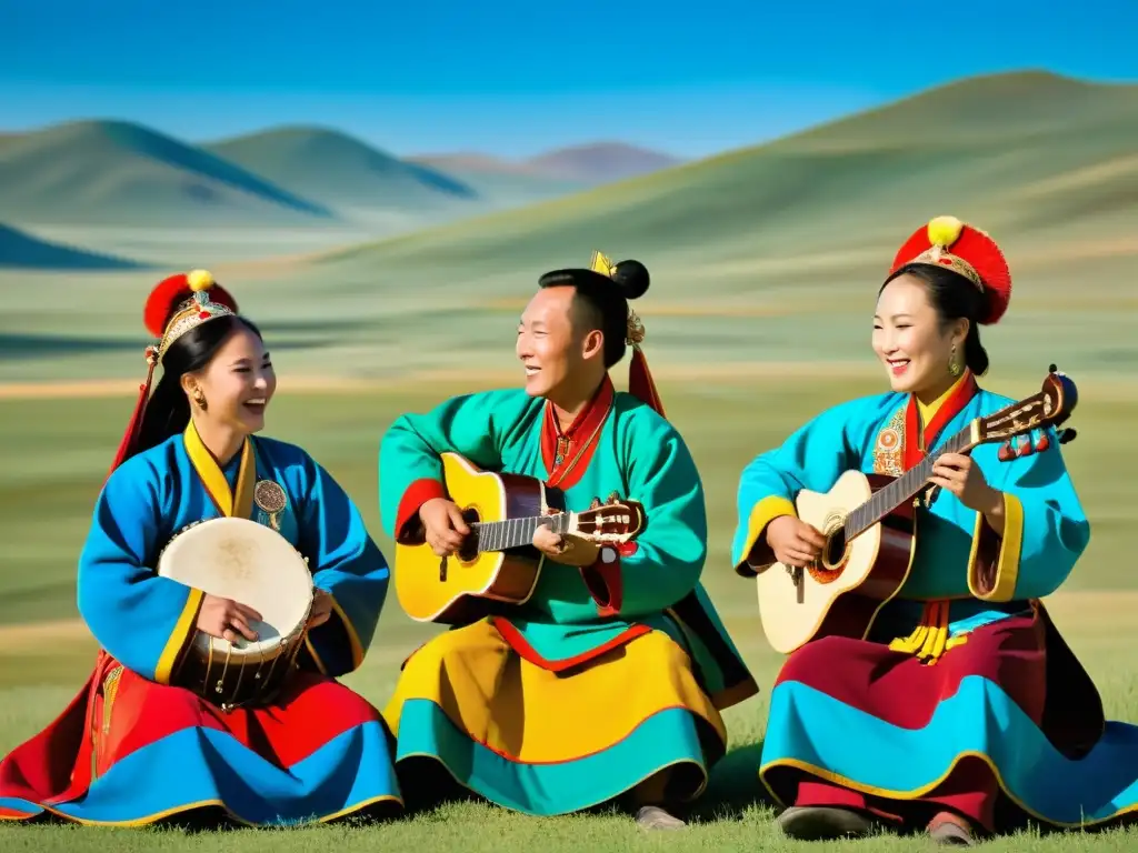 Un grupo de músicos tradicionales mongoles vestidos con trajes vibrantes y elaborados interpretan una animada canción folclórica en la vasta estepa