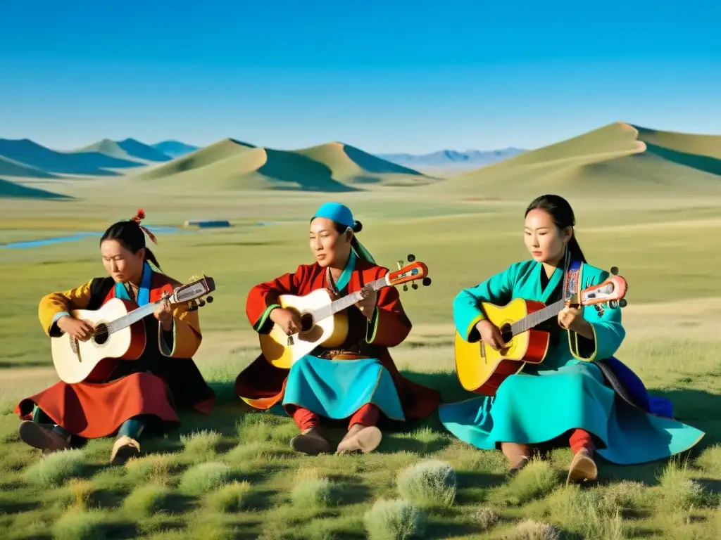 Grupo de músicos tradicionales mongoles tocando en la infinita estepa bajo el cielo azul