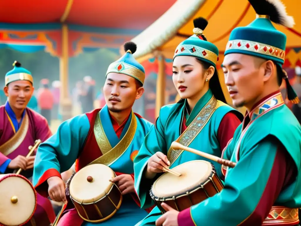 Grupo de músicos tradicionales mongoles interpretando con pasión en un festival colorido, inmersos en la rica herencia cultural de Mongolia