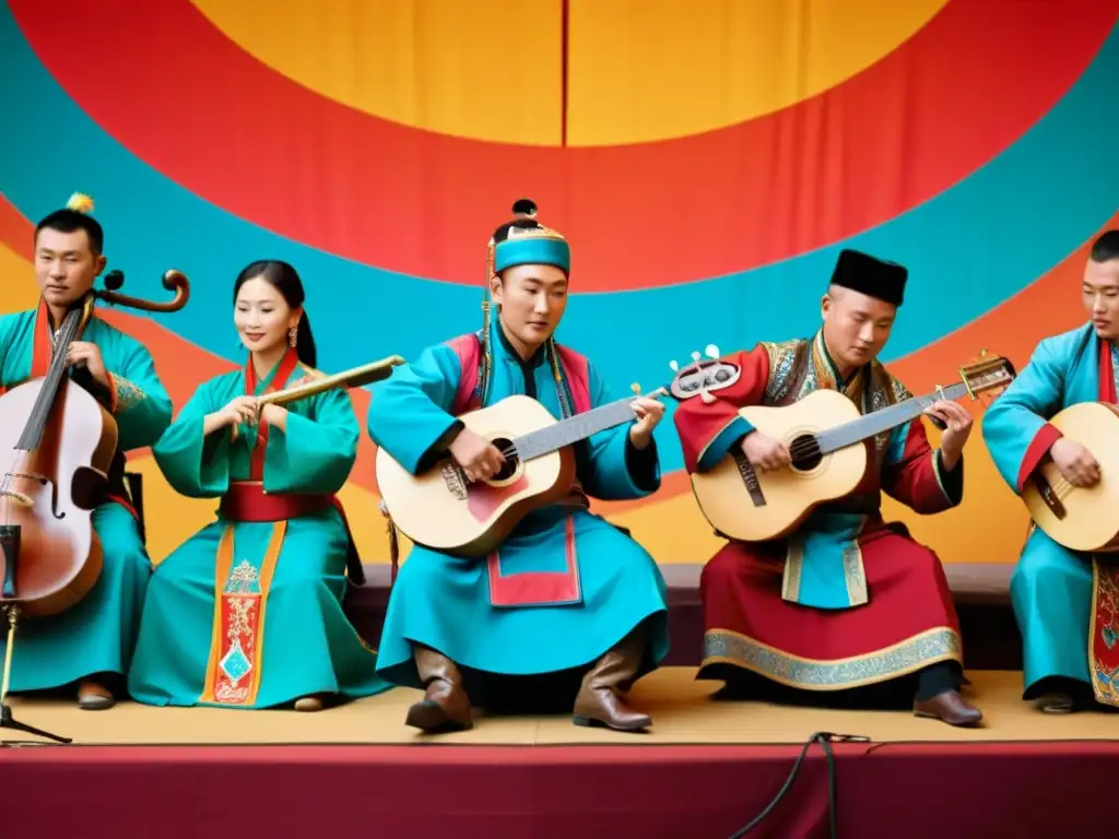 Grupo de músicos en trajes tradicionales mongoles actuando en el Festival de música Morin Khuur, con paisaje y vestimenta coloridos