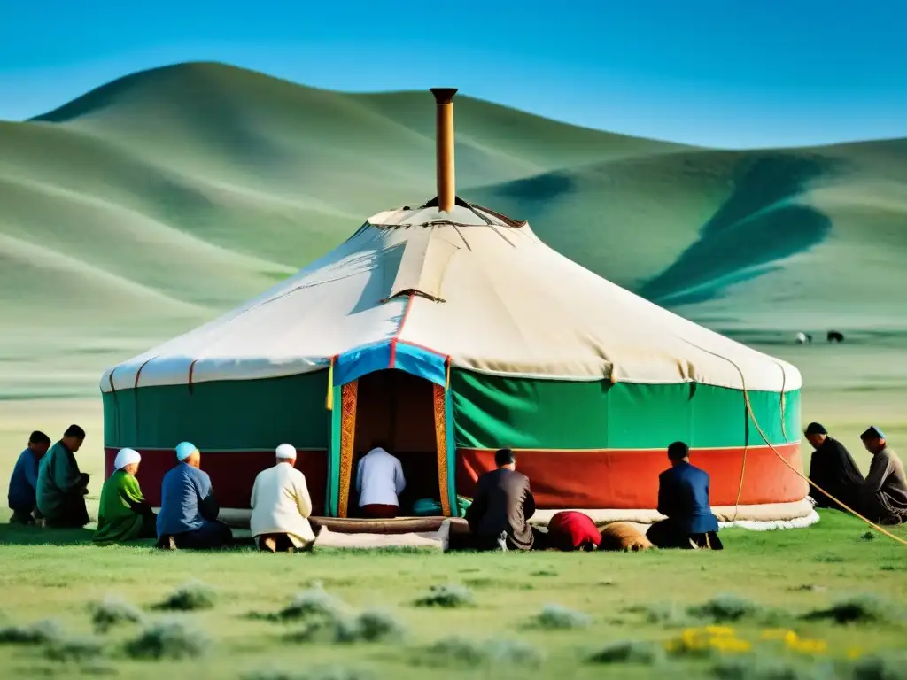 Un grupo de musulmanes mongoles rezando afuera de un yurta en las estepas