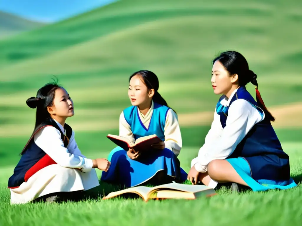 Un grupo de niñas mongolas en atuendos tradicionales aprendiendo al aire libre en un entorno natural mientras escuchan a su maestra