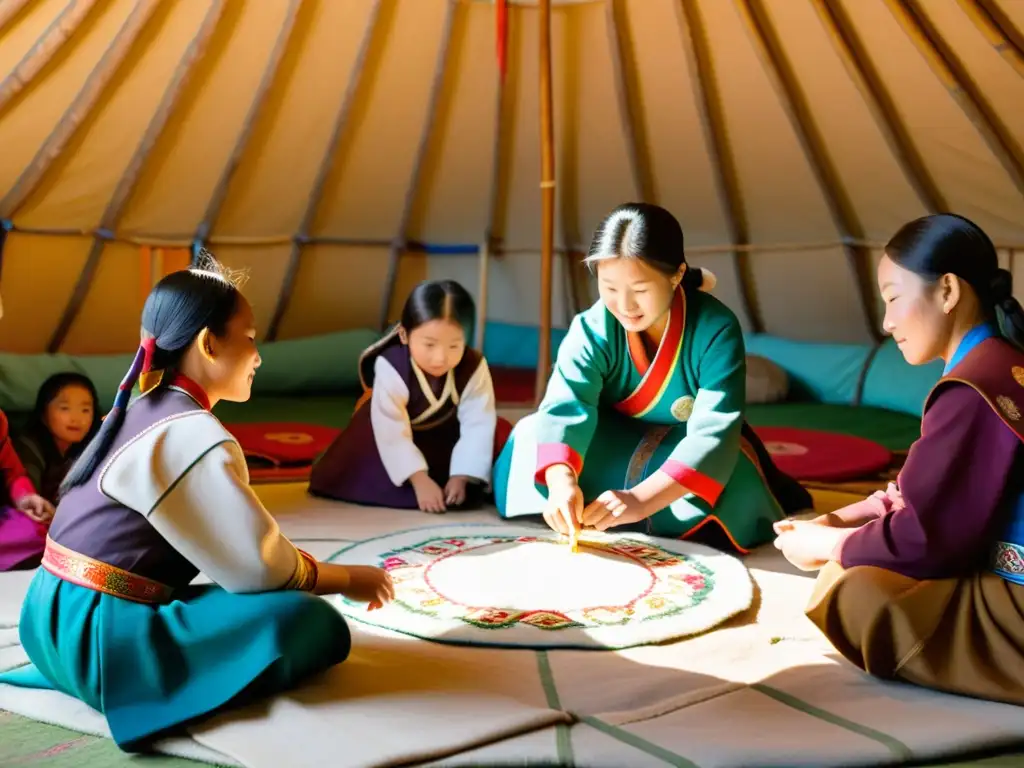 Grupo de niñas mongolas aprendiendo bordado en una yurta tradicional, con la luz del sol iluminando la escena