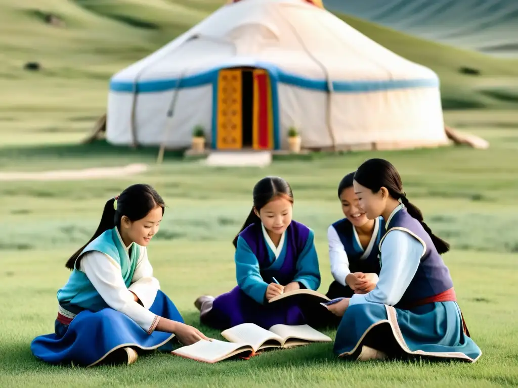 Grupo de niñas mongolas estudian con su maestra en la estepa, creando un ambiente educativo y sereno