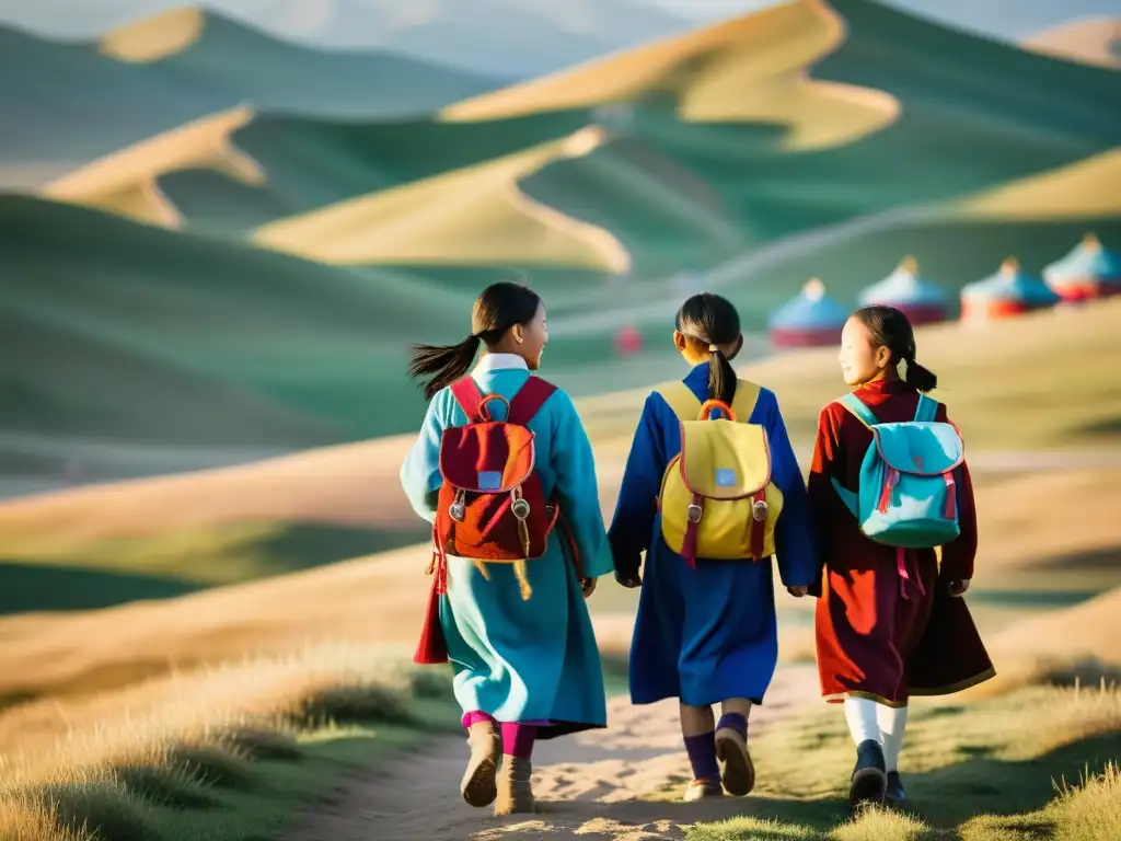 Grupo de niñas mongolas vistiendo trajes tradicionales, caminando hacia la escuela al amanecer