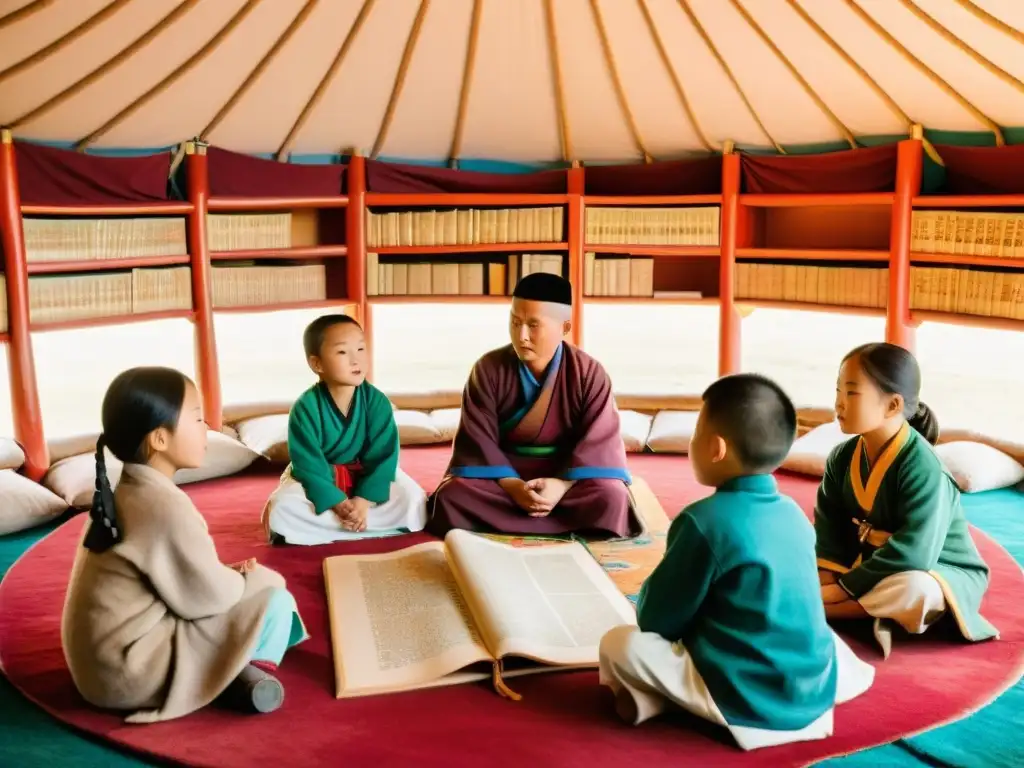 Grupo de niños mongoles escuchando atentamente a un anciano contar historias en una ger tradicional iluminada por lámparas de aceite