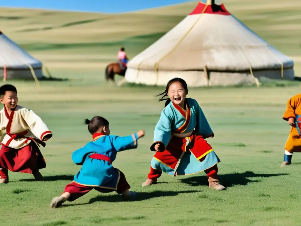 Un grupo de niños mongoles juega alegremente juegos tradicionales en la vasta estepa, bajo el cielo azul