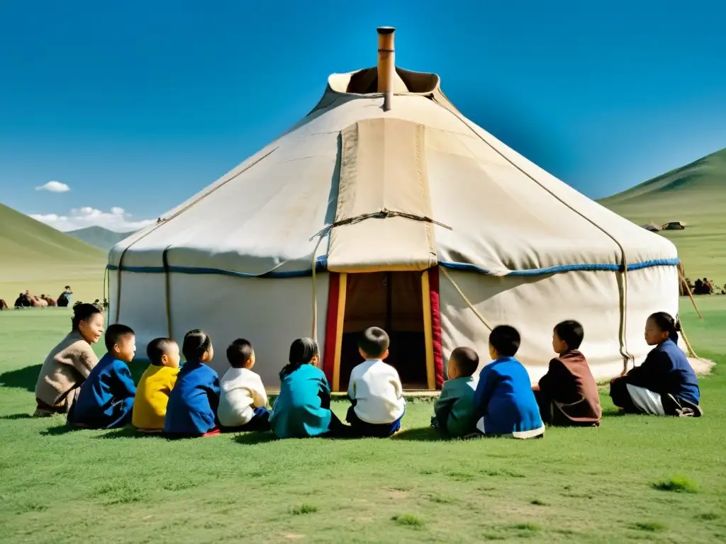 Grupo de niños mongoles escuchando atentamente a su maestro afuera de una yurta