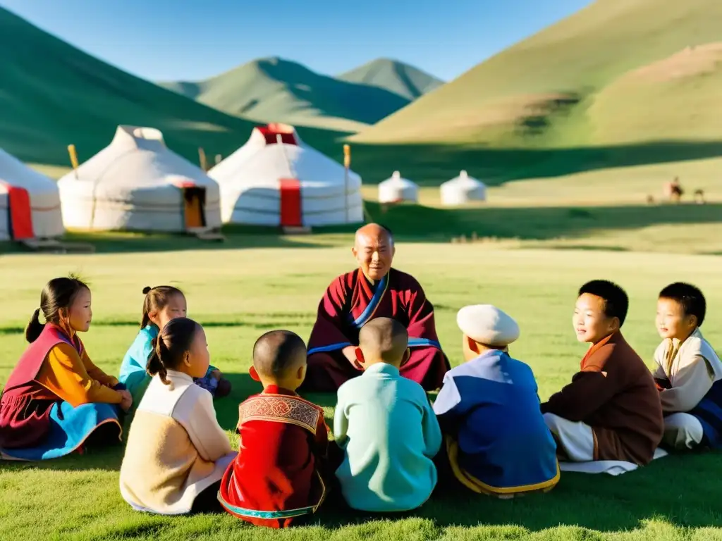 Grupo de niños mongoles escuchando atentamente a un miembro anciano de la comunidad, rodeados de yurtas y paisajes, destacando la revitalización del idioma mongol hablantes nativos