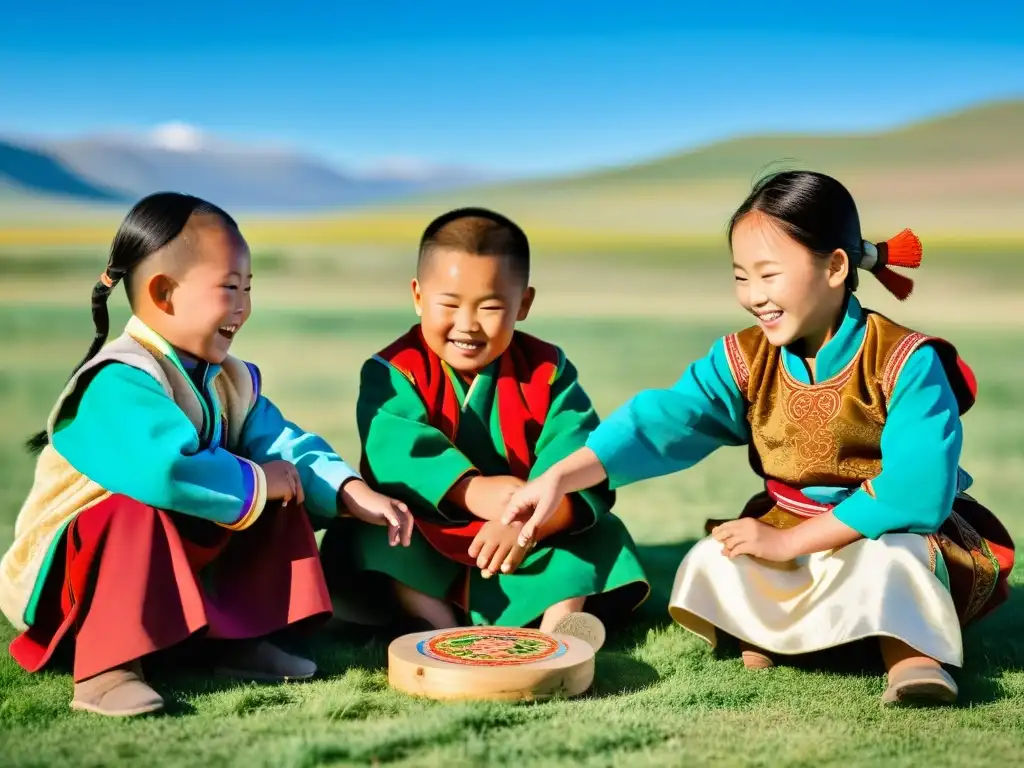 Un grupo de niños mongoles juega tradicionalmente en la naturaleza, rodeados de paisajes vastos y cielos azules