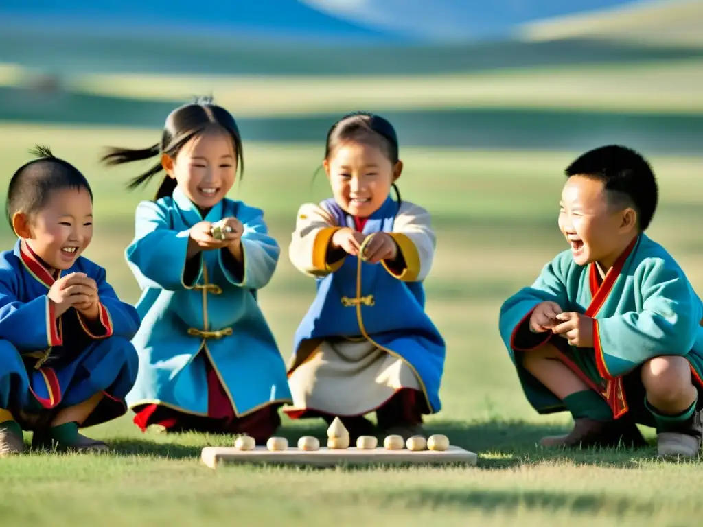 Un grupo de niños mongoles vistiendo ropa tradicional juegan 'shagai' en la vasta pradera bajo un cielo azul