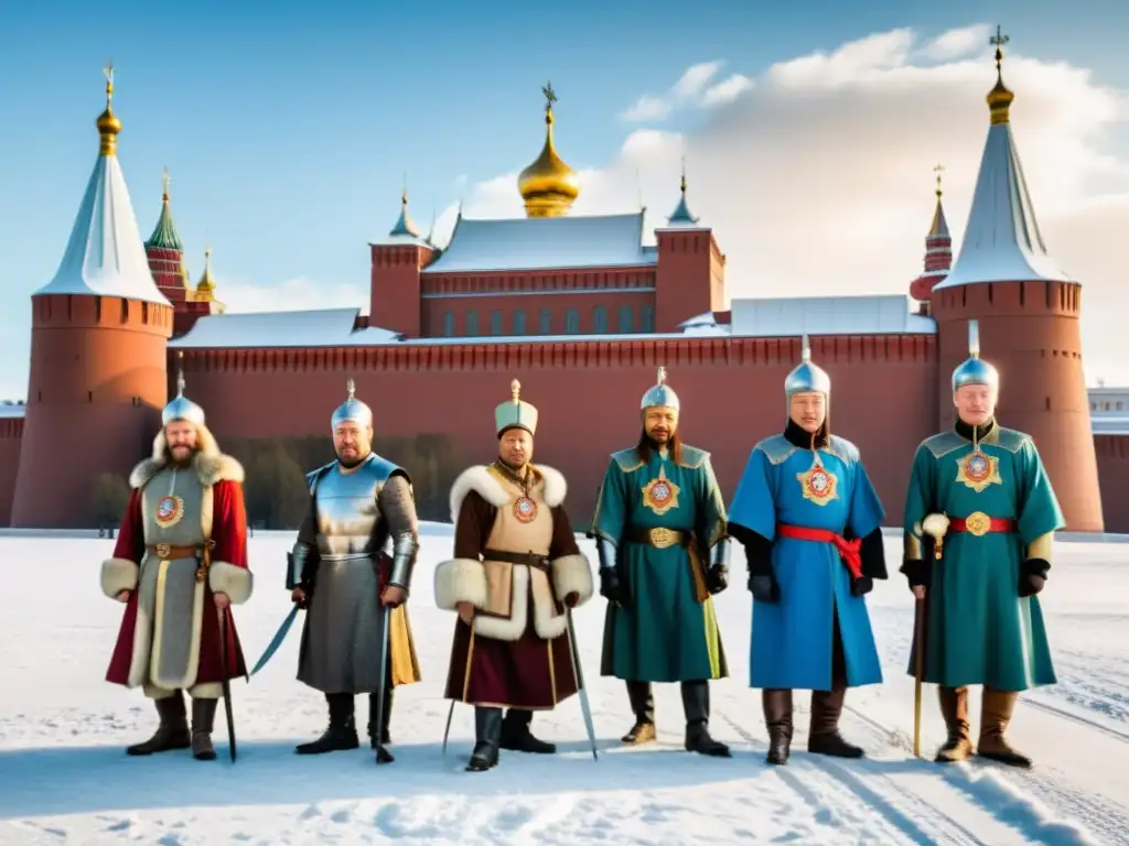 Un grupo de nobles rusos y guerreros mongoles frente al Kremlin de Moscú, con la bandera rusa y la bandera mongola ondeando juntas