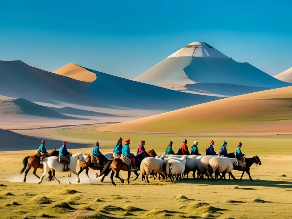 Un grupo de nómadas a caballo en las estepas, con sus coloridos trajes contrastando con el paisaje