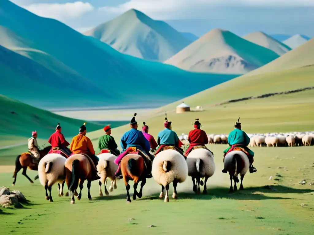 Un grupo de nómadas mongoles viaja a caballo por un paisaje vasto y agreste, con yurtas tradicionales y montañas al fondo