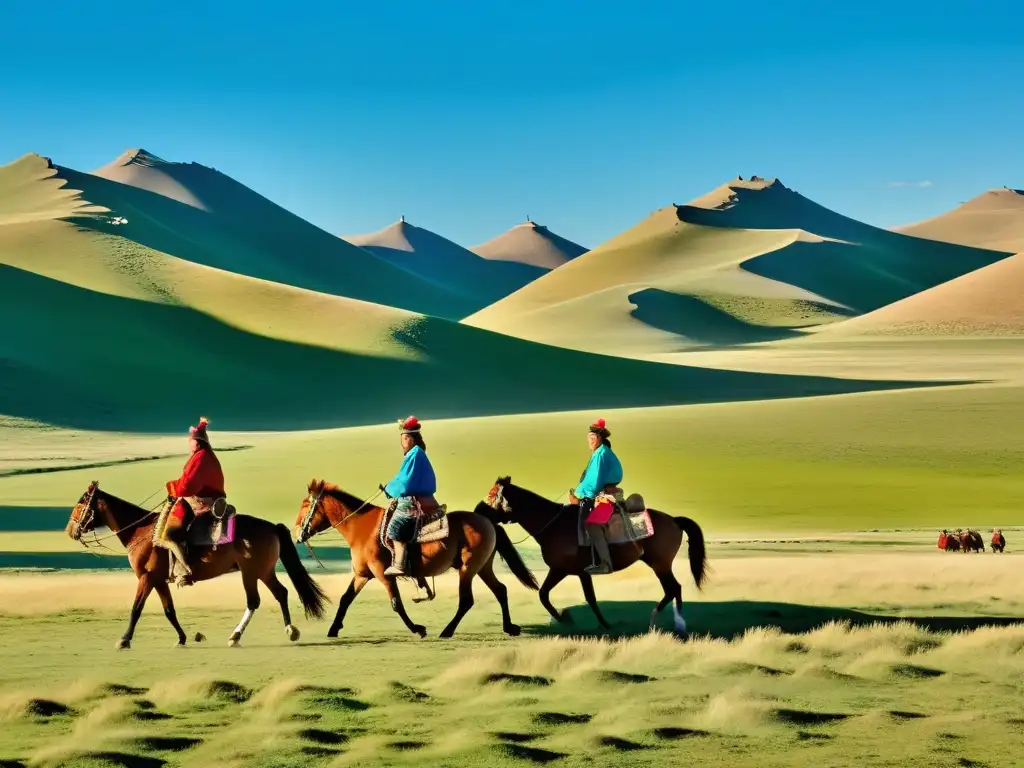 Grupo de nómadas a caballo en la estepa mongola, con yurtas tradicionales y paisaje impresionante