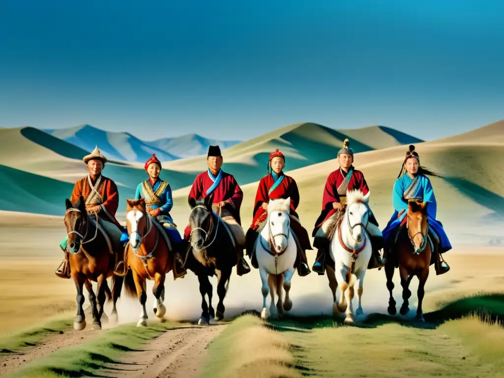 Un grupo de nómadas mongoles viaja a caballo por la vasta estepa, con hermosas colinas y cielo azul de fondo