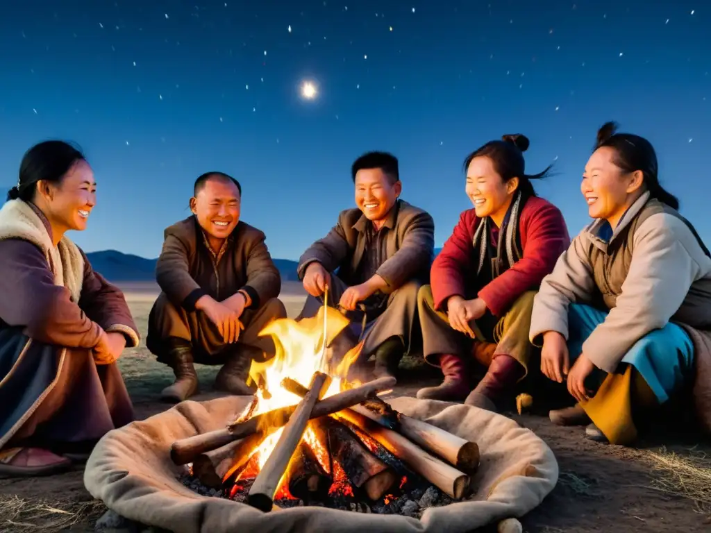 Un grupo de nómadas mongoles cocina al aire libre bajo las estrellas, creando una atmósfera de tradición y camaradería