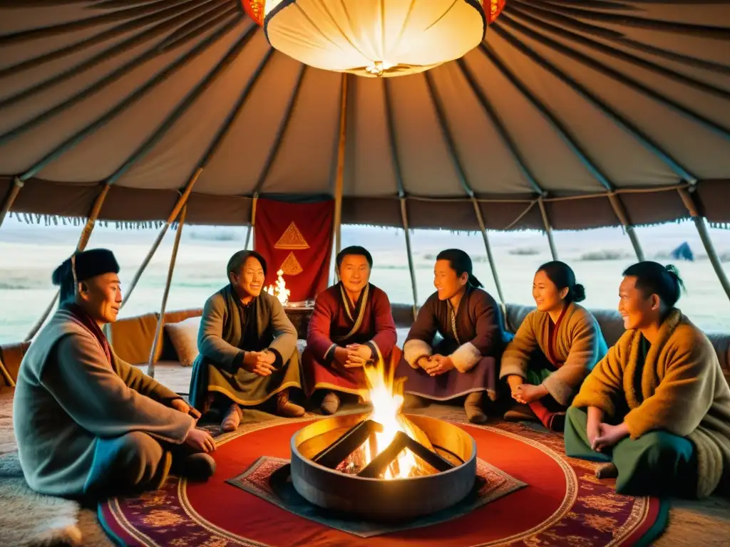 Grupo de nómadas mongoles comparte historias entretenidas del Imperio Mongol en yurta iluminada por la cálida luz del fuego