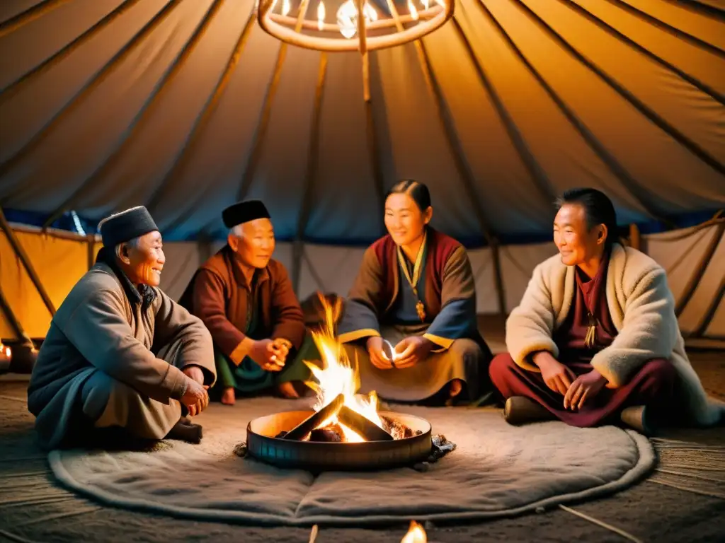 Un grupo de nómadas mongoles comparte historias entretenidas del Imperio Mongol alrededor de la fogata en una yurta tradicional, bajo un cielo estrellado