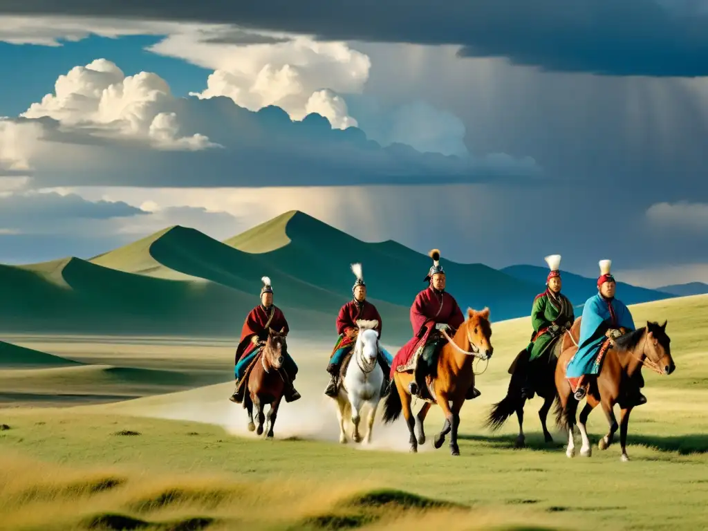 Grupo de nómadas del Imperio Mongol cabalgando en la vasta estepa, vistiendo su tradicional vestimenta nómada