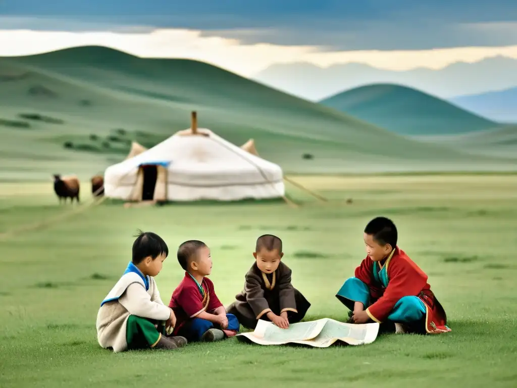 Grupo de niños nómadas mongolos aprendiendo con su maestro en las praderas