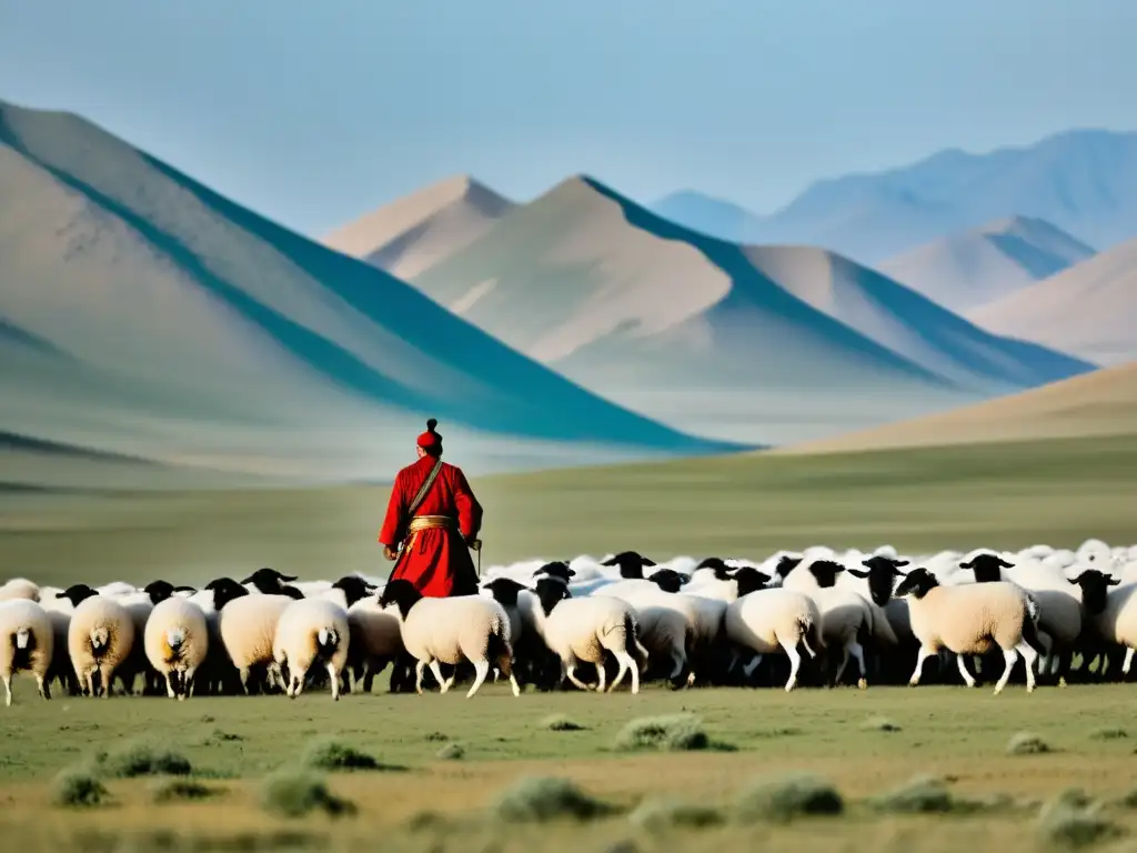 Grupo de nómadas modernos viste ropa tradicional mongola, pastoreando ovejas en la vasta estepa de Mongolia, con águilas de caza