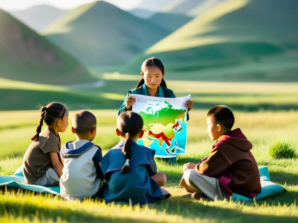 Grupo de niños nómadas mongolas aprendiendo en círculo en la naturaleza