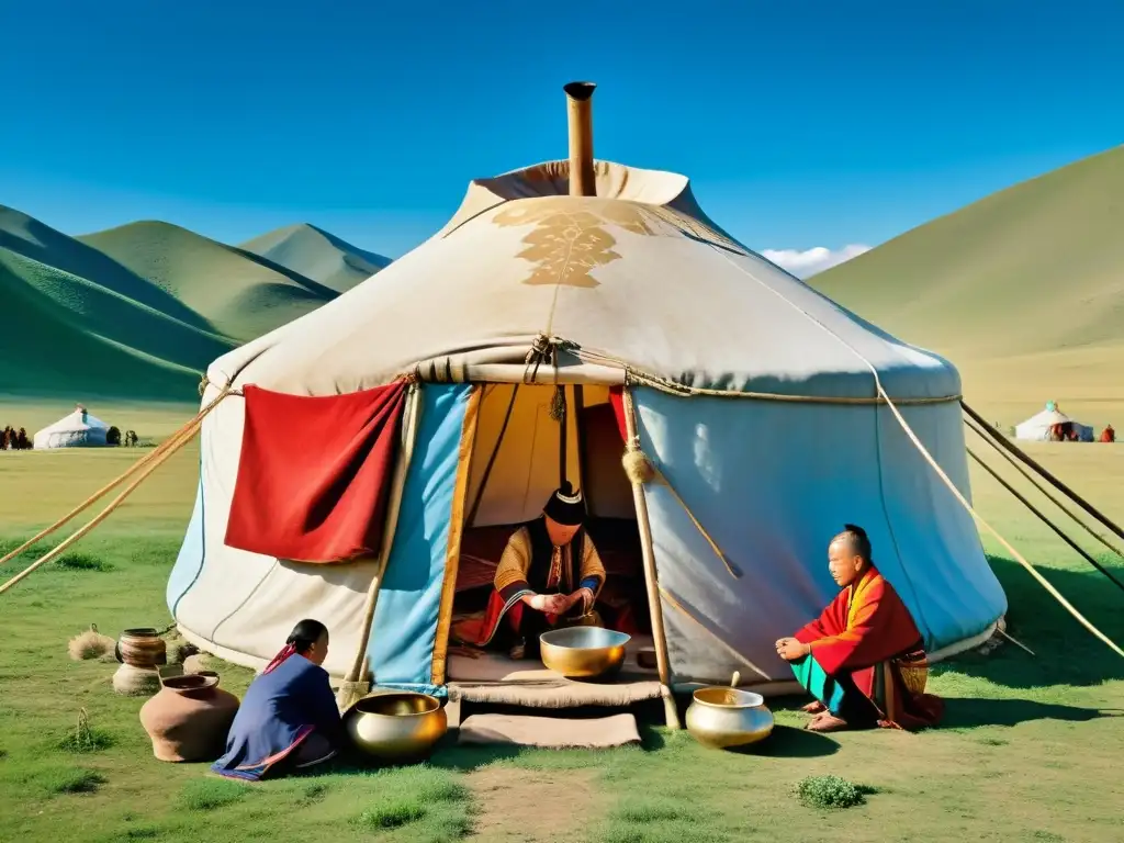 Grupo de nómadas mongolas practicando medicina tradicional junto a una yurta en paisaje pintoresco