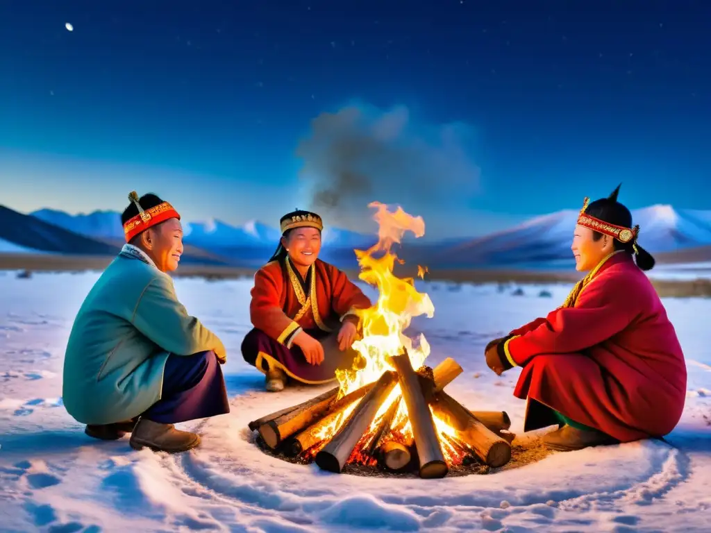 Grupo de nómadas mongoles celebrando el Año Nuevo Lunar alrededor de una fogata, con vestimenta tradicional colorida y rituales festivos bajo el cielo estrellado